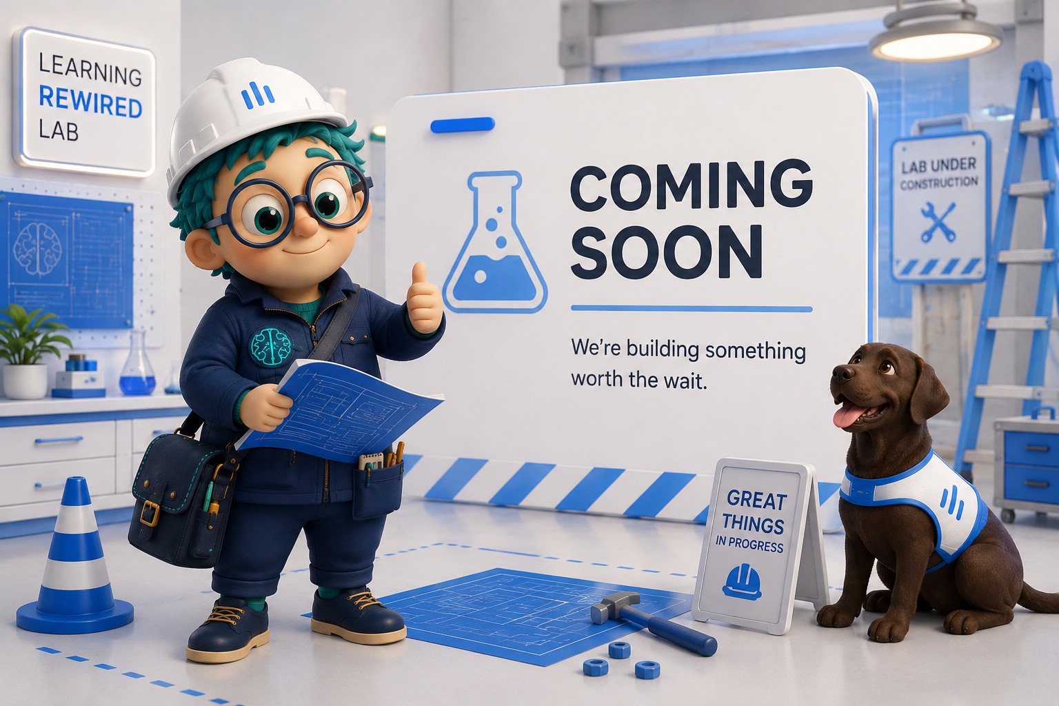 Kip, the Learning Rewired Lab mascot, wearing a construction hard hat in a bright lab workshop beside a chocolate lab and a coming soon build board.