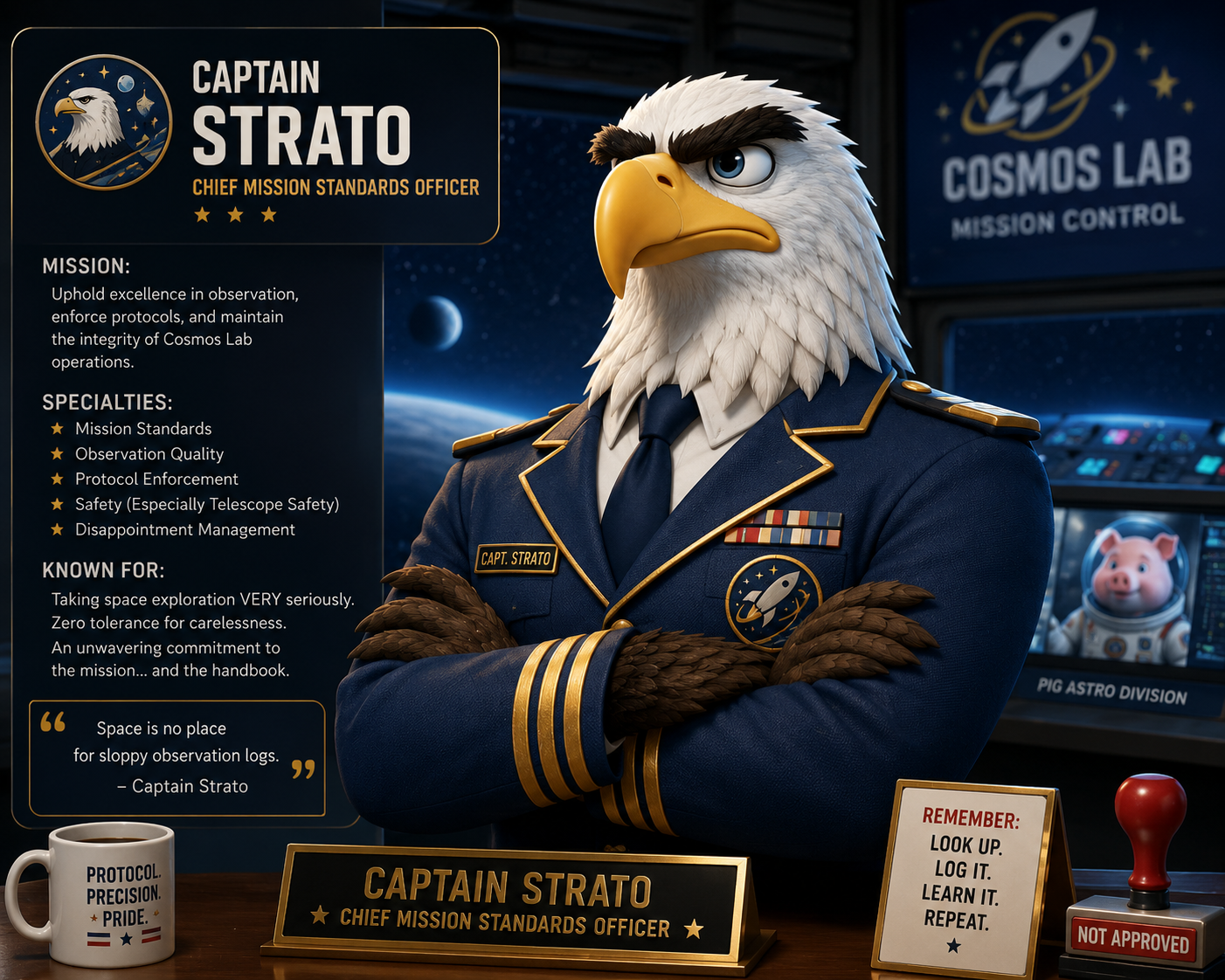 Captain Strato, the theatrical COSMOS mission guide