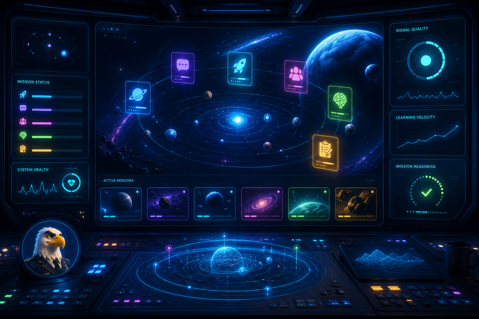 COSMOS mission control dashboard with space-themed learning system visuals