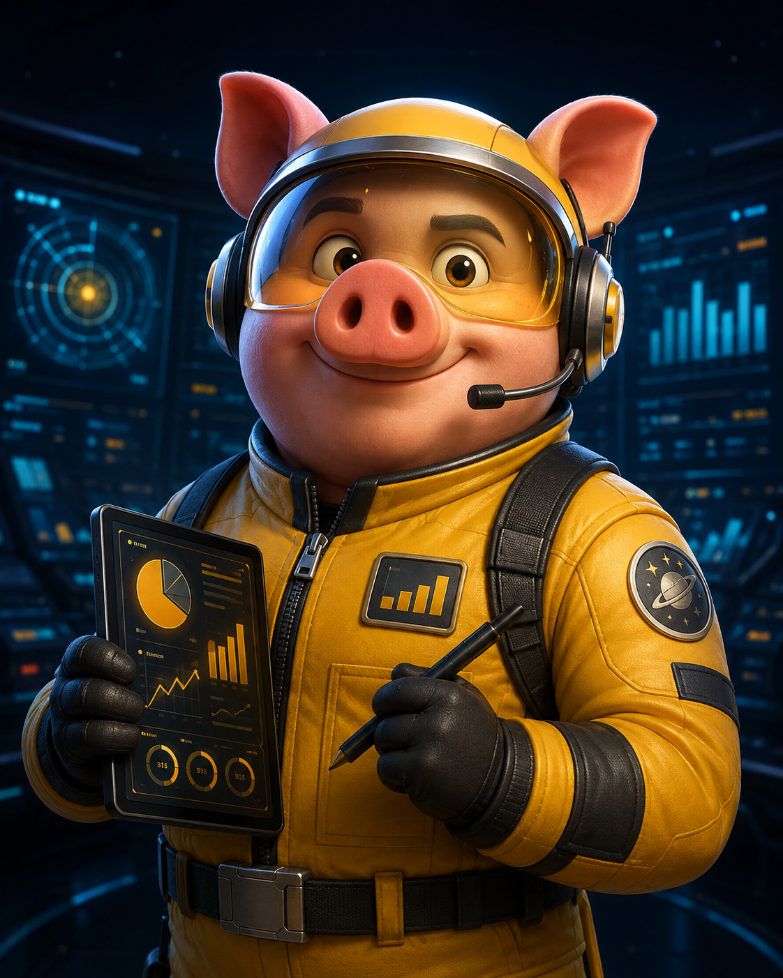 Lieutenant Truffles, a COSMOS pig anomaly in a yellow flight suit holding a data tablet