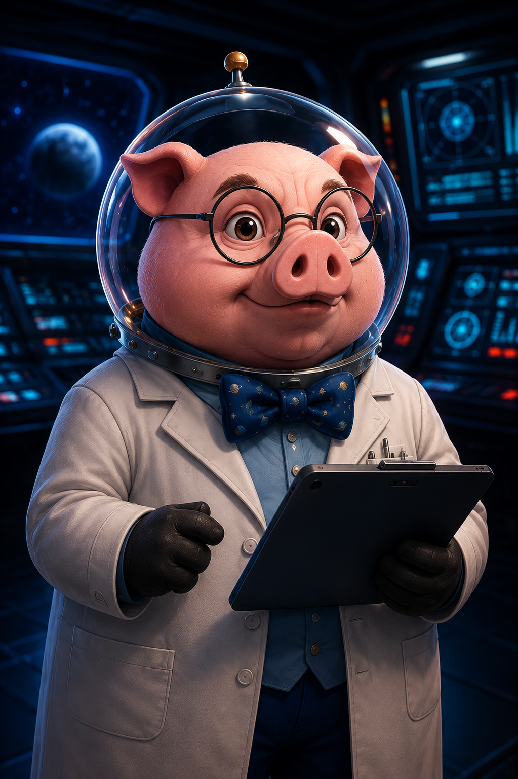 Professor Oinksley, a COSMOS pig anomaly wearing a lab coat and space helmet